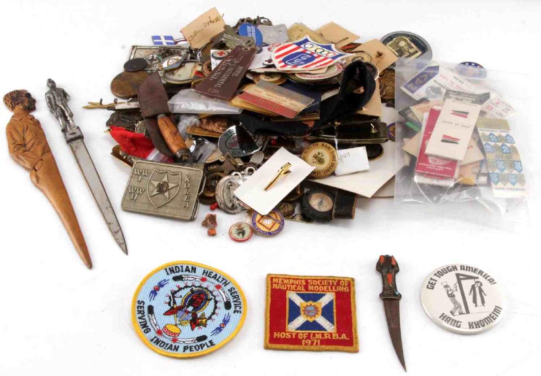 7 POUNDS OF EVERYTHING BADGE PIN PATCH MEDALS MORE: Incredible grouping of every imaginable badge partial listing includes Lincoln letter openers, political , Olympics coin , Red Cross, Compasses, knives, Victrola Stick pins, silver badges, Awards and 
