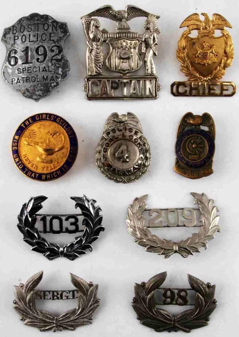20TH CENTURY OBSOLETE POLICE BADGE LOT AMERICAN: Lot of 10 20th Century Obsolete Police Badges. Includes: Sgt Badge, Captain Badge, 98 Badge, 103 Badge, Chief Badge, The Girls Guildry 7 Years Belt Buckle, 209 Badge, Boston Police 6192 Special Patrol