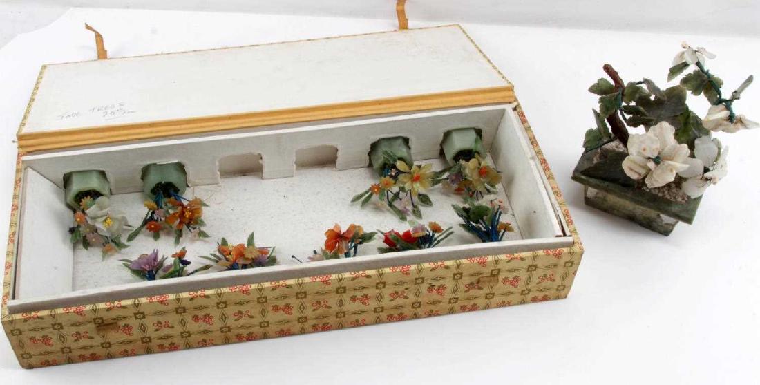 SET SMALL AND LARGE JAPANESE JADE TREE DECORATION: Set of nine small and one large multi-color jade decorative trees. Small measure approximately 3 inches by 2.5 inches. Large measures approximately 5.5 inches by 6.5 inches. All in good condition. G3.