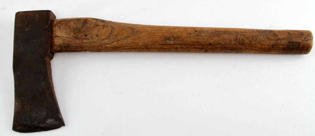 VINTAGE TOMAHAWKS AND AXE HEAD LOT OF 4: This lot includes 2 vintage hand forged throwing tomahawks and 2 vintage axe heads. Large tomahawk has distinct markings on its head. Pick axe head is marked MEAD and the other is marked "G.A. Schall 