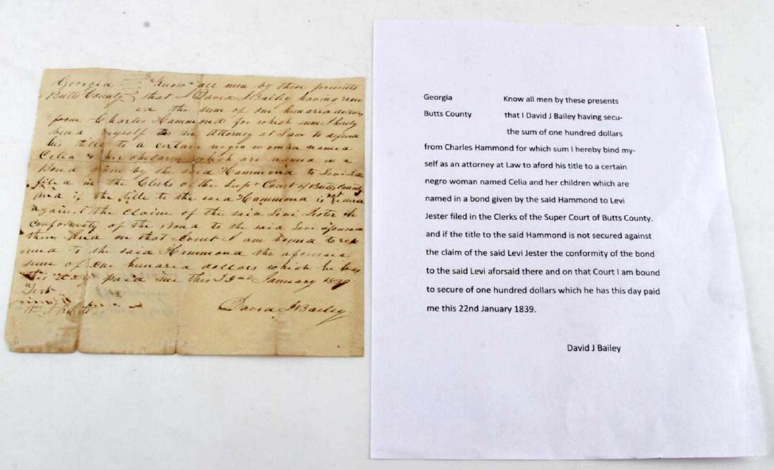 GEORGIA 1839 SLAVE SALE DEED OF TRANSFER: Slave woman Celia and 2 children, $100 transfer deed by attorney David Bailey. Typed translation accompanies.