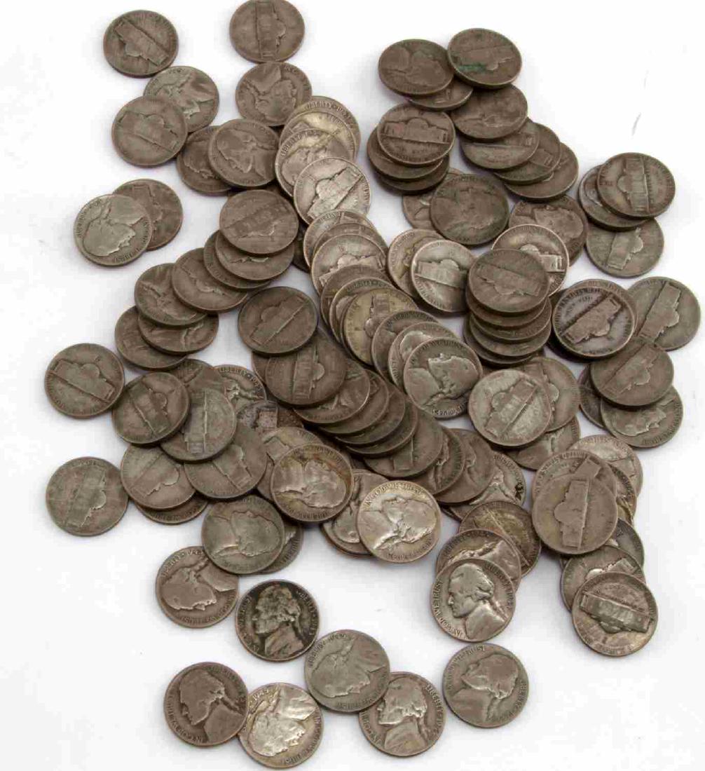 US SILVER P WAR NICKEL COIN LOT OF ~115: Lot of war nickels, roughly 115. All appear to be 1943, 1944, and 1945 year, and all appear to have P mint mark. All appear to range between good and fine condition.