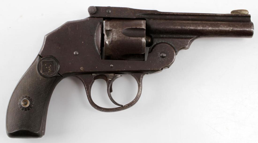 IVER JOHNSON TOP BREAK 5 SHOT REVOLVER .38 CF: Steel is fully oxidized, bakelite grips, 3.25 inch barrel with dark pitted bore, maker marked to top rib, patent dates to butt. Needs springs, does not work. Requires FFL or C&R for transfer. Cannot s
