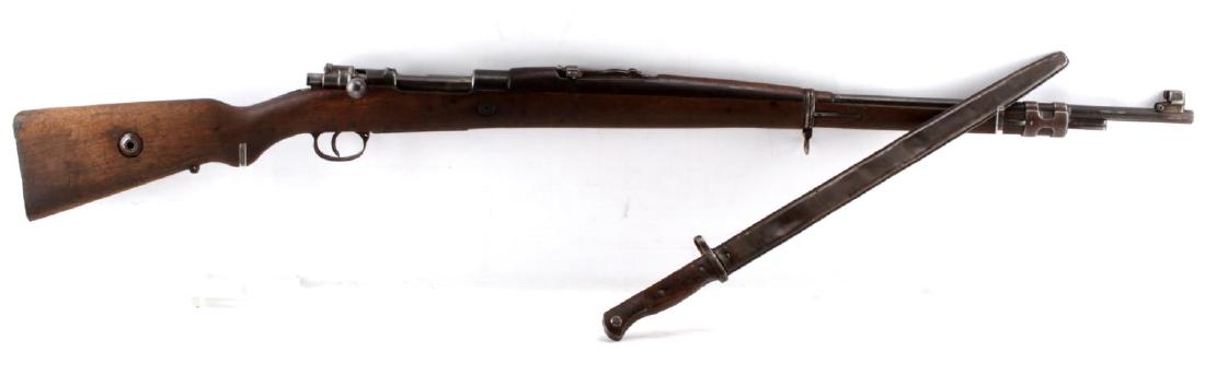 PRE WWII CZECHOSLOVAK MADE VZ. 22 TURKISH MAUSER: BRNO manufactured vz. 98/22 rifle. Tangent rear sight has Turkish numerals indicating that this rifle was used by the Turkish army. Includes a period bayonet, 22 1/4 inches overall, in a medal scabbar