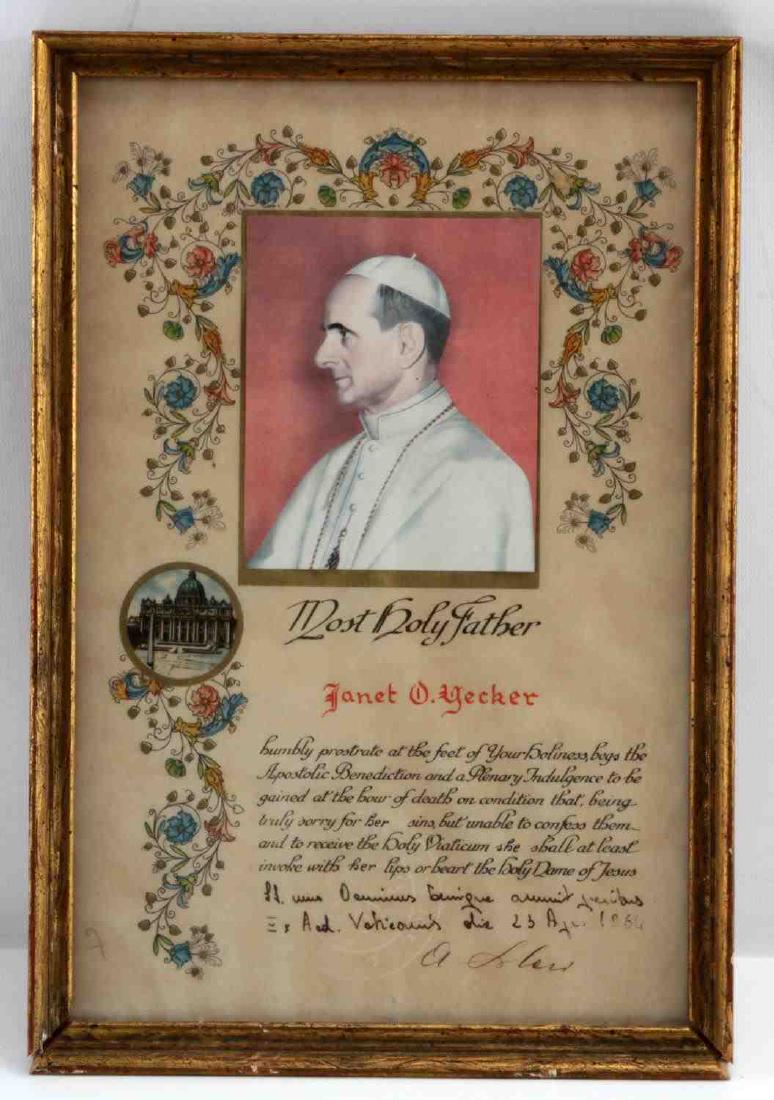 PLENARY INDULGENCE ISSUED BY ST PAUL VI POPE: A plenary indulgence issued by St. Paul VI and dated Aug. 23 1964. Issued to "Janet O. Yecker" with picture of Pope Paul VI above. Partially printed document. Measures 11.5 inches by 7.5 inches sight
