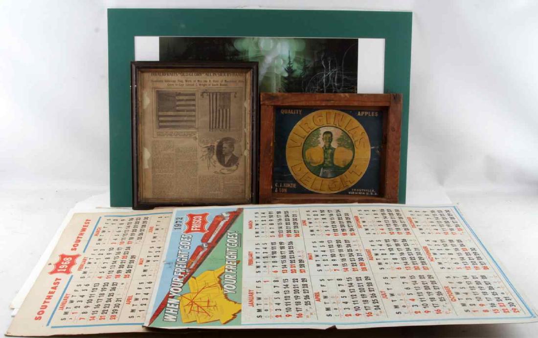 LOT OF AMERICAN EPHEMERA VINTAGE AND RETRO: Vintage and retro American ephemera lot. Includes 1972 Frisco one sheet wall calendar, 1968 Southeast and Southwest trains one sheet wall calendar, a Leon Moran vintage Fairy Bubbles advertising has t
