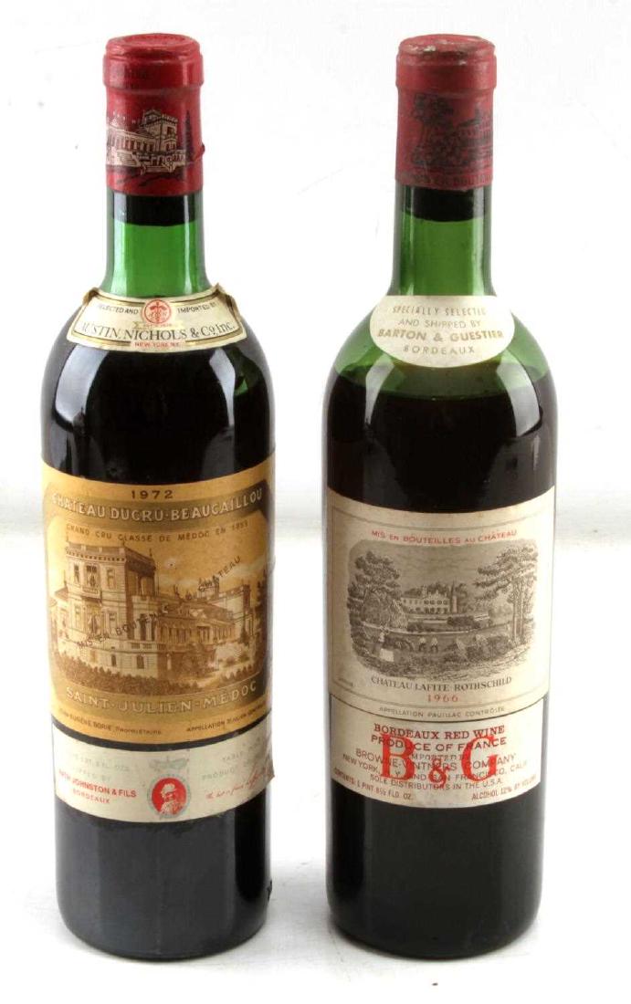2 BOTTLES OF RED WINE ROTHSCHILD 66 & MEDOC 1972: 1966 Chateau Lafite-Rothschild has mid-shoulder ullage, little wear to cap and cloudy appearance of wine. The 1972 Saint-Julien-Medoc has top shoulder ullage, good color, minor wear to cap and top lab