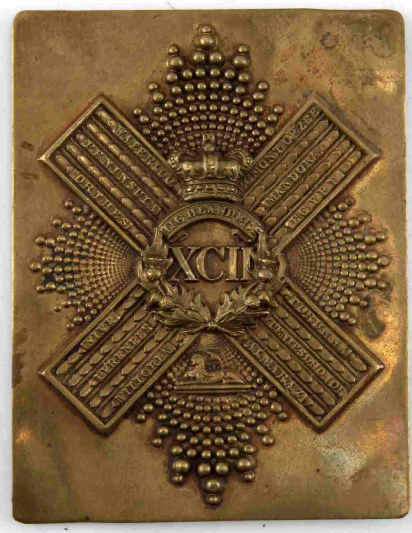 VICTORIAN CROWN 92ND HIGHLANDERS BADGE DIE PLATE: Regiment of Foot brass plate measuring 4 by 3 inches, no other markings.