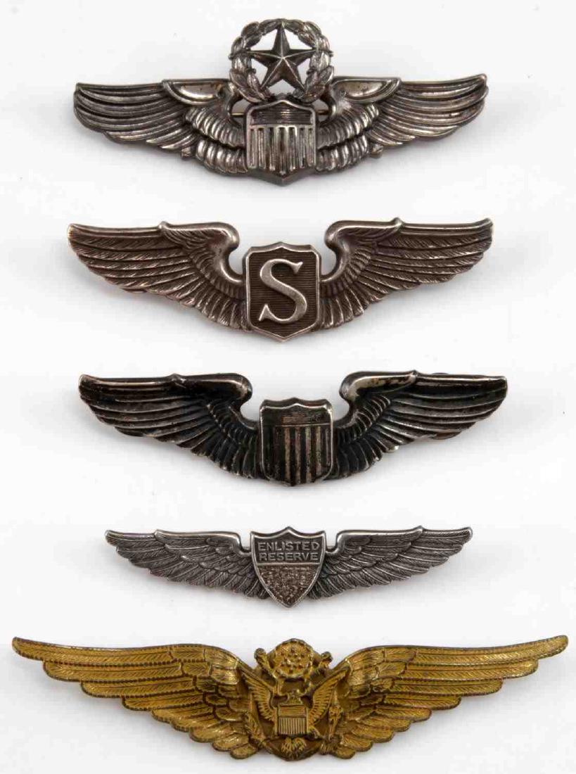 5 WWII AIRBORNE AIR CREW AVIATOR WINGS STERLING: Lot of 5 mixed WWII United States wings. Measure on average 3 inches in length. Original condition, Includes Aircraft Pilot, Enlisted Reserve, Service Pilot, Command Pilot, early government pilot. Thr