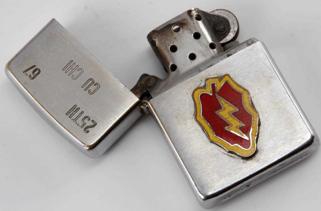 25TH INFANTRY US VIETNAM VETERAN ZIPPO LIGHTER: A Vietnam War Zippo lighter with enameled 25th Infantry insignia to one side. Engraved on the top is "25th. 66. CU CHI" It is in very good condition and the flint still strikes well. Very good conditi