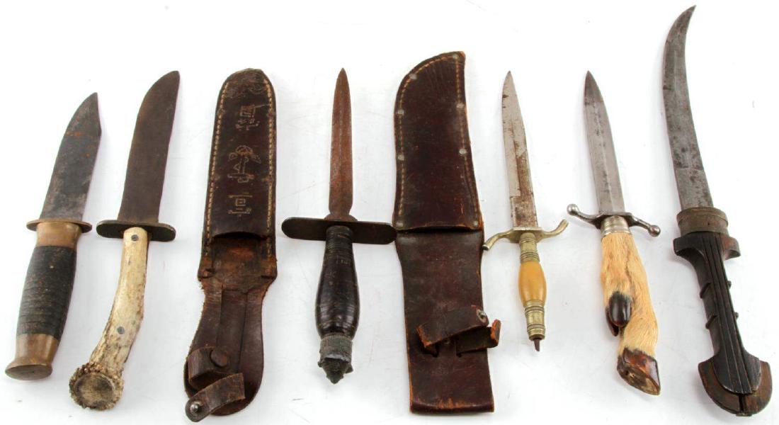 LOT OF 6 KNIFE DAGGER LOT CIVIL WAR SOLINGEN MORE: Lot includes: one 19th century knife with deer hoof grip and cross over crown M F marking to 5 7/8 inch blade, one Solingen knife with celluloid and steel grip (missing pommel,) couple with leather wr