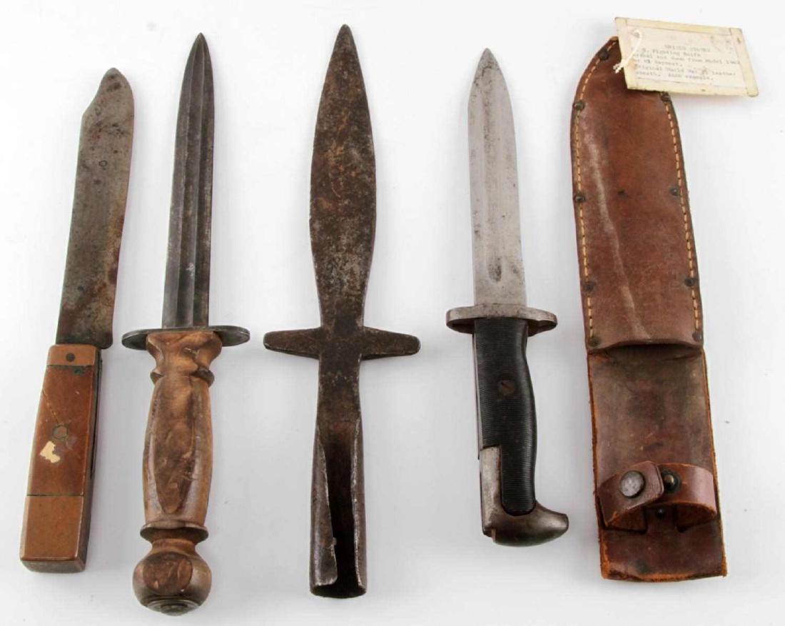 KNIFE SPEARHEAD BAYONET DAGGER LOT OF 4: Includes: M1 bayonet with sheath, iron spear head, dagger with wooden grip and Indian Wars knife. Blades measure about 7-8 inches long. Vintage condition.