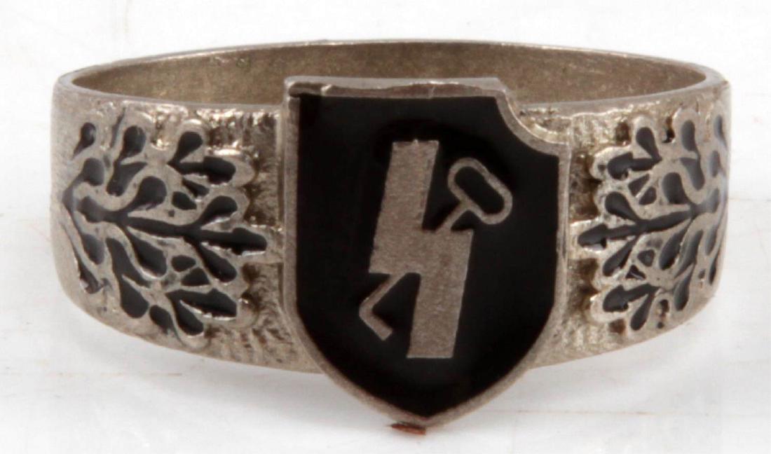 WWII GERMAN THIRD REICH SS HITLER YOUTH RING: Ring has the unit symbol of the 12 SS Hitlerjugend (R); combining the sigrunen of the Hitler Youth with the skeleton-key symbol of its parent unit, the 1st SS Panzer Division Leibstandarte. On the bac
