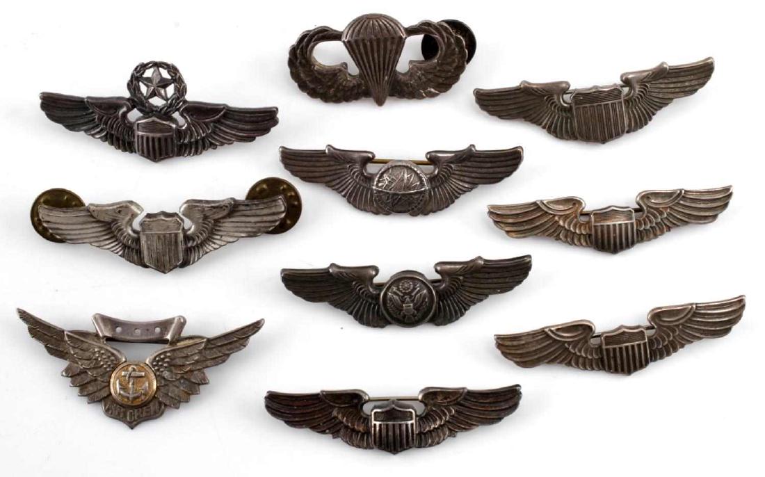 10 STERLING WWII AIRBORNE AIR CREW AVIATOR WINGS: Lot of 10 mixed WWII United States wings. Sterling. Measure on average 2 inches in length. Original condition, Includes Command Pilot, Air Crew, Navigator , airborne clutch back, 6 wings are pinback 2