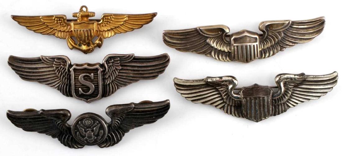 5 WWII AIRBORNE AIR CREW AVIATOR WINGS STERLING: Lot of 5 mixed WWII United States wings. Measure on average 3 inches in length. Original condition, Includes early Aircraft Pilot, later Aircraft Pilot, Service Pilot, Aircrew, Navy/Marine/Coast Guard