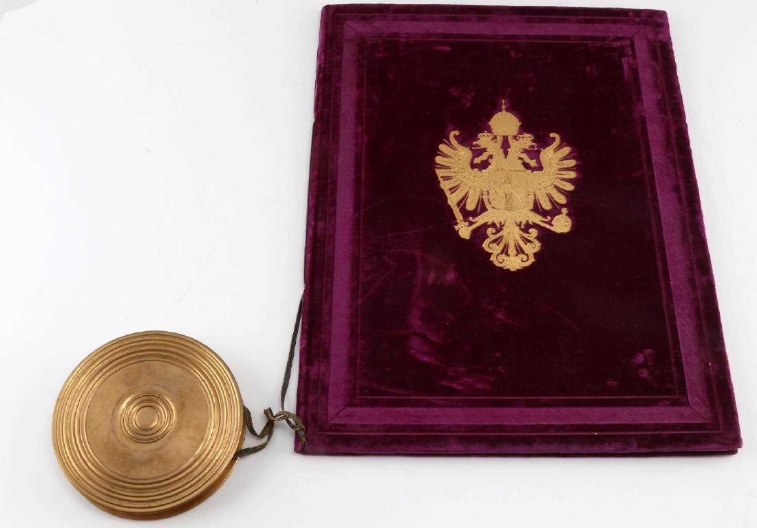 FRANZ JOSEPH AUSTRIAN CINNABAR ORDER PRESENTATION: This is a 1904 order presentation or papal bull with velvet covered presentation letter and red cinnabar table seal medal. It appears to be a nobility honor award or a formal patent of nobility. The p