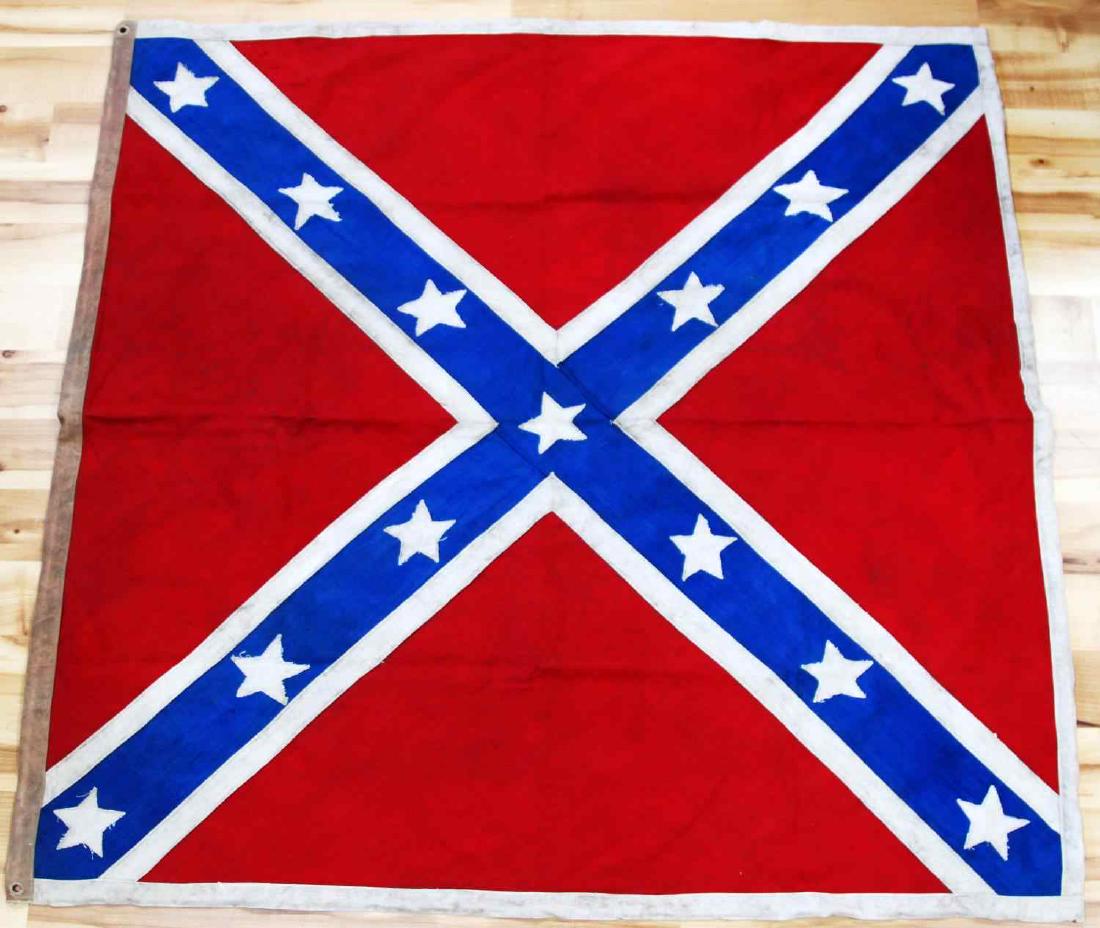 AMERICAN CIVIL WAR CONFEDERATE REUNION BATTLE FLAG: Four foot square Confederate battle flag believed to have been made for a post-war reunion. Heavy canvas multi-part constriction with early machine stitching. Some fabric wear spots, but no signs of m