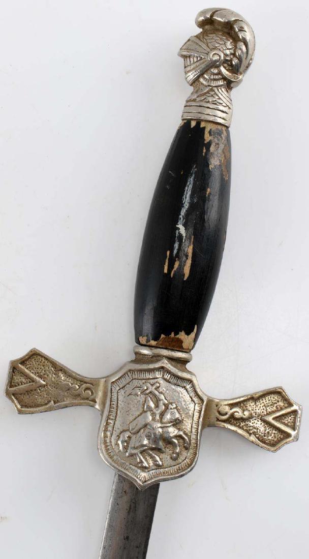 ANTIQUE KKK KU KLUX KLAN FRATERNAL SWORD W SCABBAR: Very good unmarked blade, ebonized wood handle some loss to paint, paint loss the scabbard but it is dent free. G3