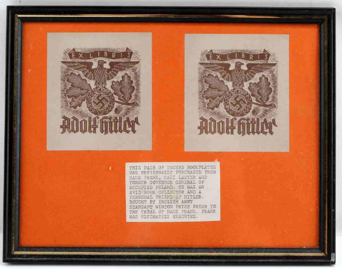 MOUNTED FRAMED PAIR UNUSED ADOLF HITLER BOOKPLATES: Two unused bookplates purchased by Sergeant Winton Price from Hans Frank. Bookplates show "EX LIBRIS" over Reichsadler and over "Adolf Hitler" Bookplates measure approximately 3.5 inches by 4 inches.