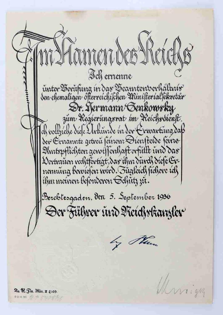 ADOLF HITLER SIGNED APPOINTMENT HERMANN SENKOWSKY: Appointment certificate for Dr. Hermann Senkowsky to the position of Austrian Ministerial Secretary. Signed by Adolf Hitler on September 5, 1936. Document folds and has copy of text in middle. Measure