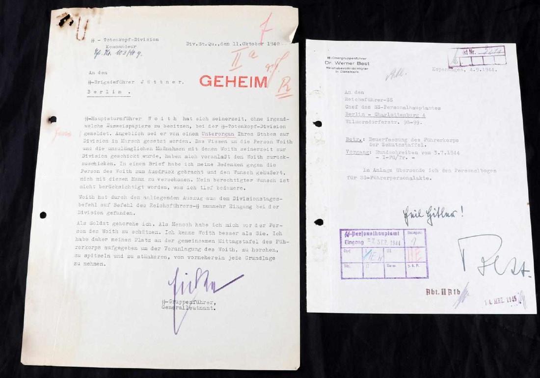 WWII GERMAN SS DR. WERNER BEST & JUTTNER DOCUMENTS: Extremely interesting documents one details an issue of "Woih trying to wiggle his way into us. I don't trust him", the second Dr. Werner Best on his letterhead. Each very good. D700
