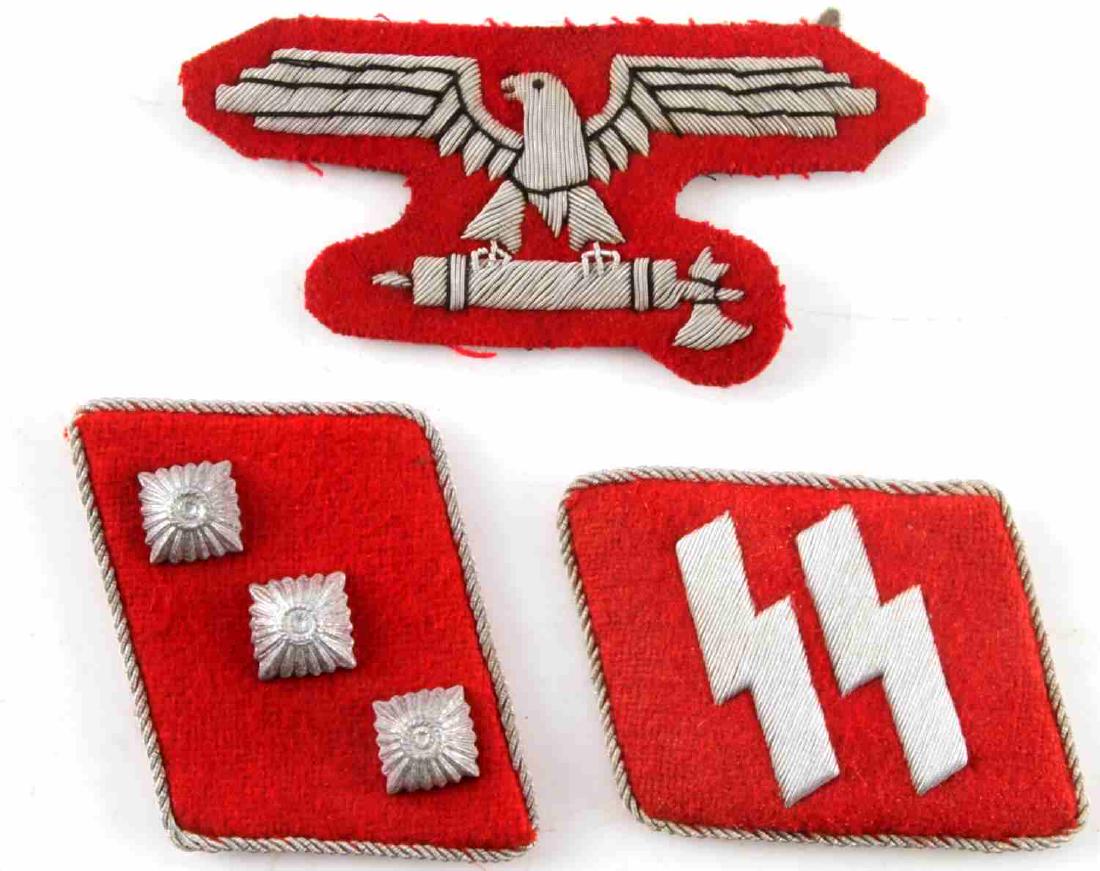 3 WWII GERMAN WAFFEN SS COLLAR CUFF & PATCH LOT: This lot includes early pattern German Waffen SS 29th Grenadier Division Italienische collar cuffs and sleeve eagle. Silver wire bullion embroidery form the sig runes, Reichsadler, and cuff borders. G