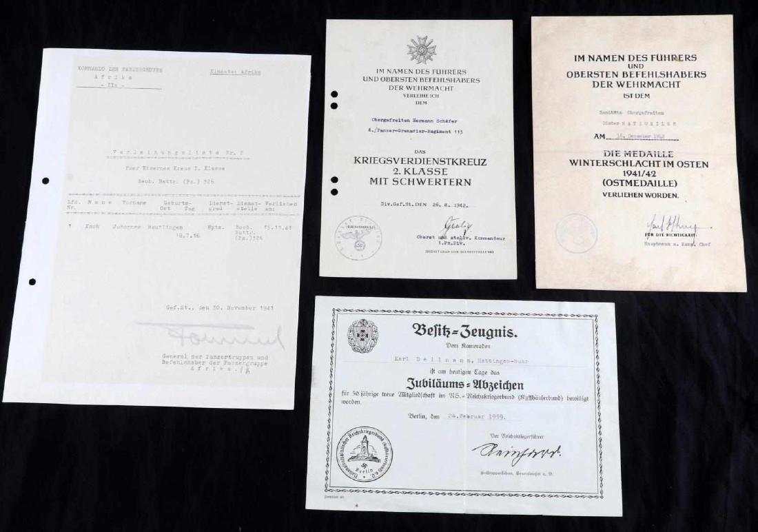 WWII GERMAN THIRD REICH MEDAL CITATION LOT OF 4: Various medals and a veteran citation including North Afrika Panzer Gruppe