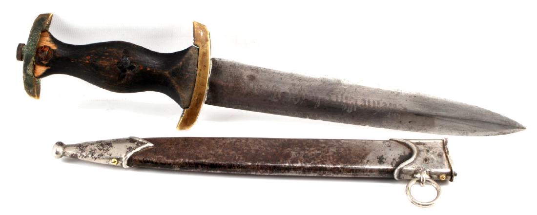 WWII SS THIRD REICH GERMAN DAGGER ALCOSO MAKER: WWII SS Third Reich German dagger. Maker's mark of Alcoso Solingen. Dagger is in need of restoration. Missing SS runes and Reichstag eagle. Inscribed with "Meine Ehreheibt Treue" on blade. Blade measu