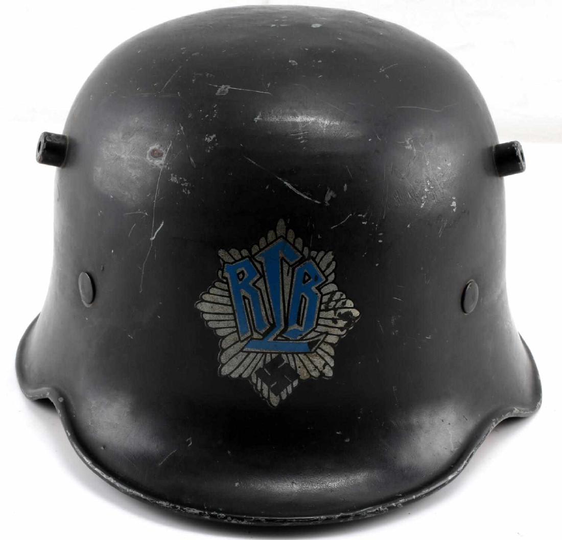 WWII GERMAN REICHSLUFTSCHUTZBUND RLB HELMET: This is a WWII German m40 version Reichsluftschutzbund RLB National Air Raid Protection League helmet. The RLB decal is present on the front and the helmet has intact leather lining and chin strap. Ve