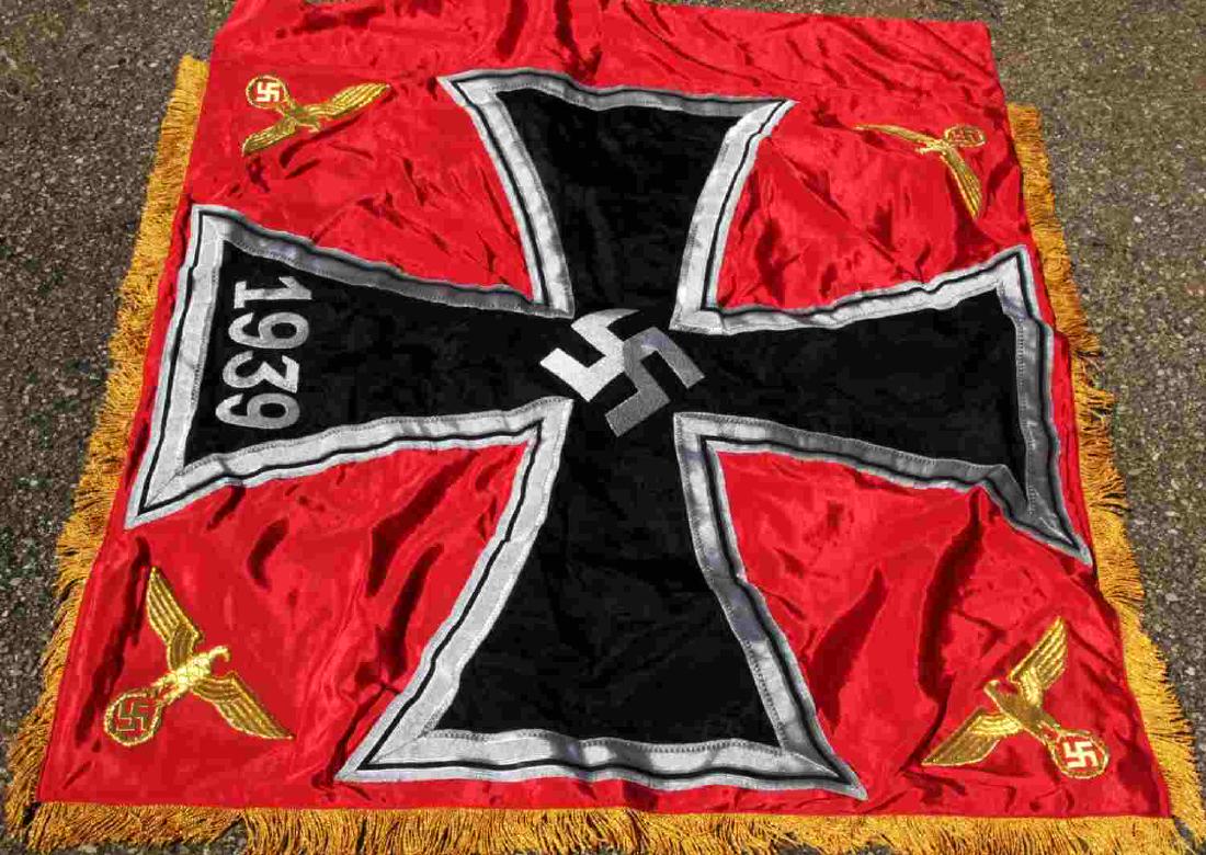 WWII GERMAN THIRD REICH LAH FLAG MOVIE PROP: Flag of the Liebstandarte SS Adolf Hitler Division. Measures 4 feet square, and served as a prop in a Russian film about operation Bagration. Double sided, hand embroidered eagles and swastika on one 