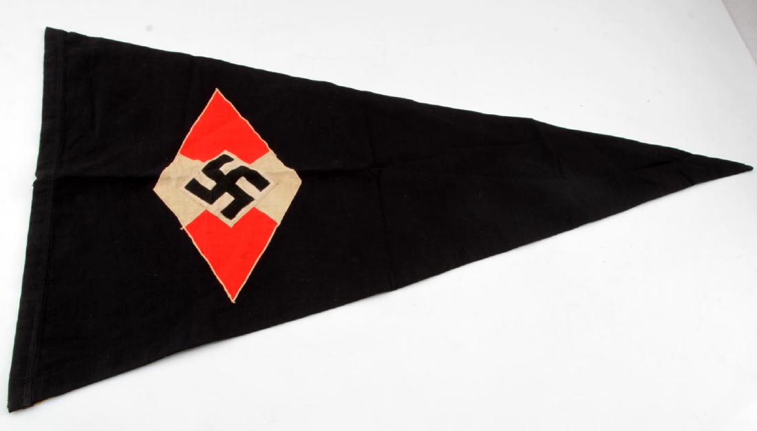 WWII GERMAN THIRD REICH HITLER YOUTH PENNANT FLAG: This is a nice 17"W X 28"L WWII Hitler Youth pennant with iconic red and white diamond and centered swastika. Very good condition overall with some very slight staining and fading present. An RZM tag 