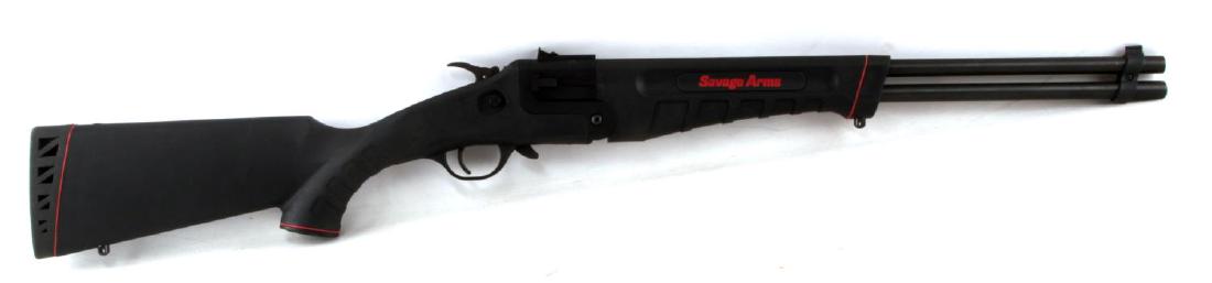 SAVAGE MODEL 42 OVER UNDER IN .22 410 CALIBER: All black steel and polymer construction. Rimfire-shotgun combination. Break-action design. Barrels measure 20 inches long. 410 barrel has 3 inch chamber. Bores show little use. Adjustable sights. Rub