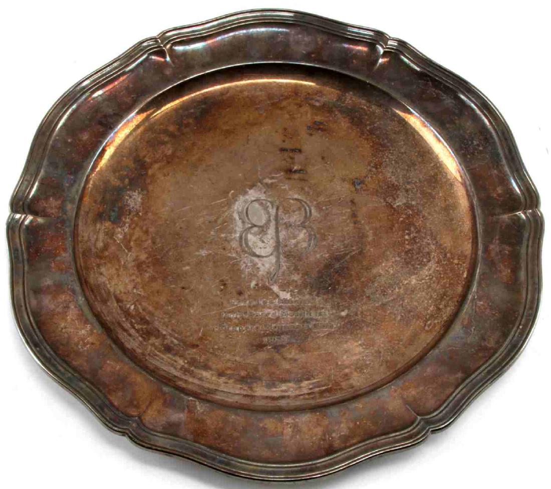 EVA BRAUN WMF SILVER PLATE PLATTER NURNBERG 1955: Large platter with scalloped edge, EB initials to center, and "Rosa Lee Mitchell from Board Members Nurnberg Women's club 1955" etched below initials. Measures 15.5 inches in diameter. Maker mark to b