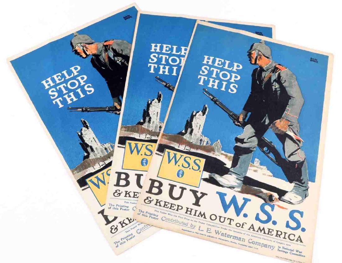 WWI VINTAGE BUY WSS NEWSPAPER INSERT POSTER 1918: Three WWI vintage newspaper insert poster for W.S.S bonds. Original print. Text on poster reads "HELP STOP THIS" "BUY W.S.S. & KEEP HIM OUT of AMERICA" Supplement to the North American, Philadelphia f