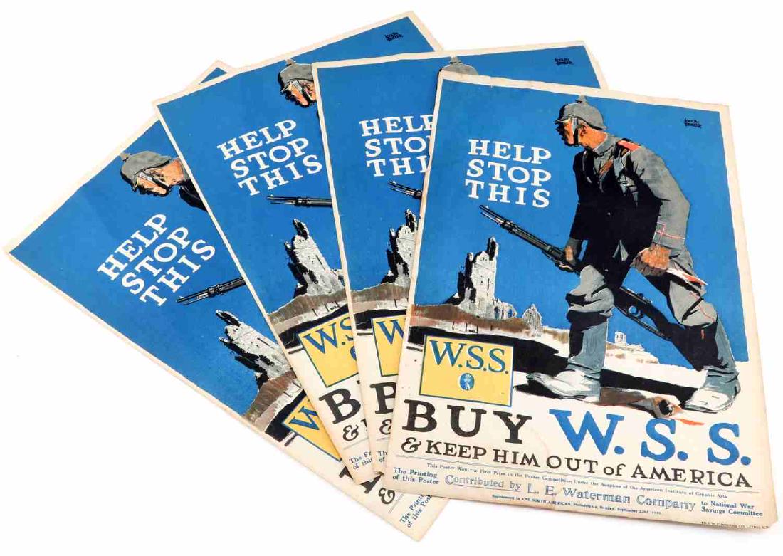 WWI ORIGINAL BUY WSS NEWSPAPER INSERT POSTER 1918: Four WWI vintage newspaper insert poster for W.S.S bonds. Original print. Text on poster reads "HELP STOP THIS" "BUY W.S.S. & KEEP HIM OUT of AMERICA" Supplement to the North American, Philadelphia fr