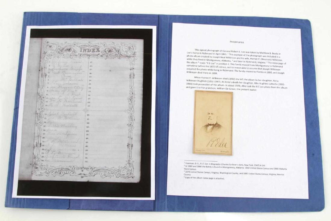 AMERICAN CIVIL WAR ROBERT E LEE SIGNED CDV PHOTO: Signed Carte de Visite photo of Confederate General Robert E Lee. Signature reads R E Lee. Taken by Matthew B. Brady at Lee's home in April 1865. CDV measures 4 inches in height and about 2 3/8 inches