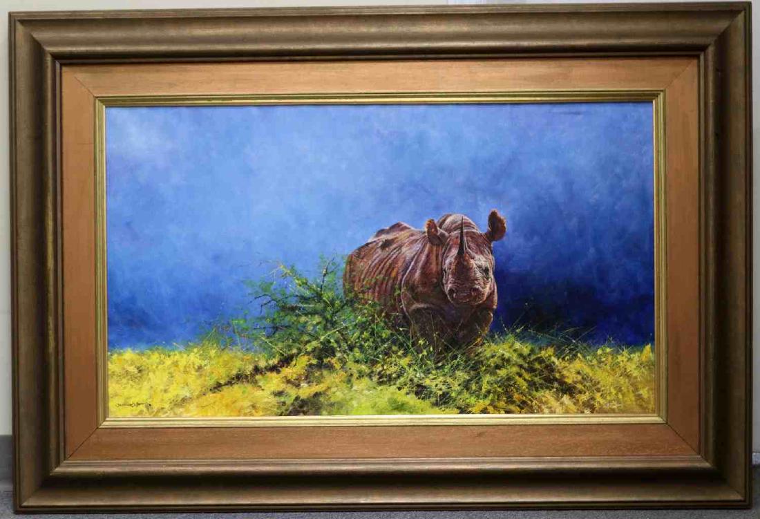 DHARBINDER S BAMRAH WILDLIFE PAINTING RHINOCEROS: Oil on canvas painting of a rhinoceros. Titled "Approaching Storm" Signed to lower left. Sight measures 22 inches by 38 inches. Frame measures 34 inches by 50 inches. Frame and canvas in excellent con