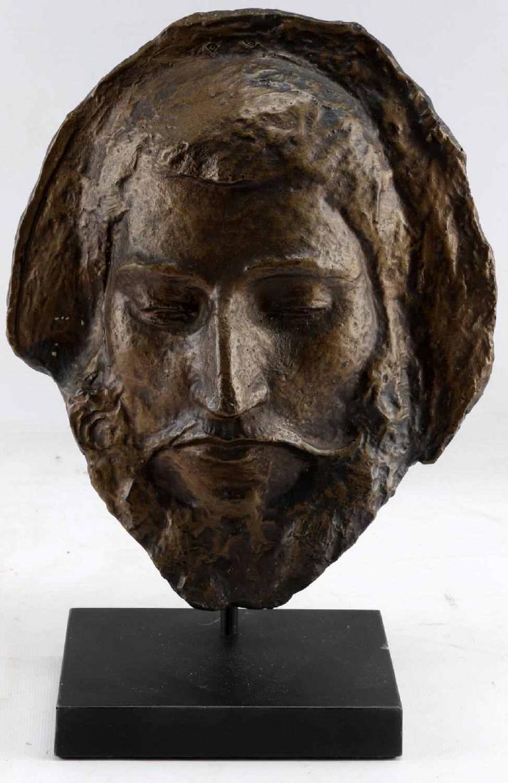 MODERN MOUNTED REPRODUCTION DEATH MASK: Mounted modern reproduction death mask in the Mycenaean death mask style. Features are clear and area is surrounded by extra material. Measures 12.25 in height mounted. In good condition.
