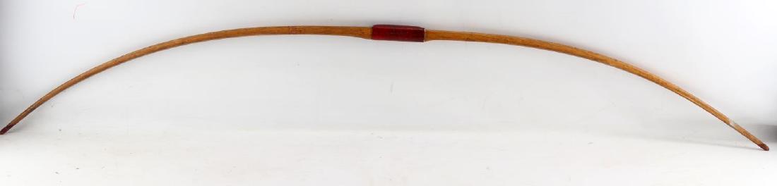 ANTIQUE HANDMADE & SIGNED LONGBOW RECURVE: Named as owner presumably Bill Guthrie, made by Earl Mead of Cleveland Heights Ohio. Measures 68 inches and is very good.