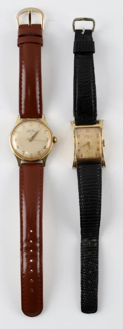 LORD ELGIN WRISTWATCHES SPORTSMAN AUTOMATIC: One Lord Elgin automatic wristwatch. 17 jewel automatic movement. Water/Dust/Shock proof case. Has base metal bezel and stainless steel back. Brown leather strap. Total length is 6.75 inches. Some scr