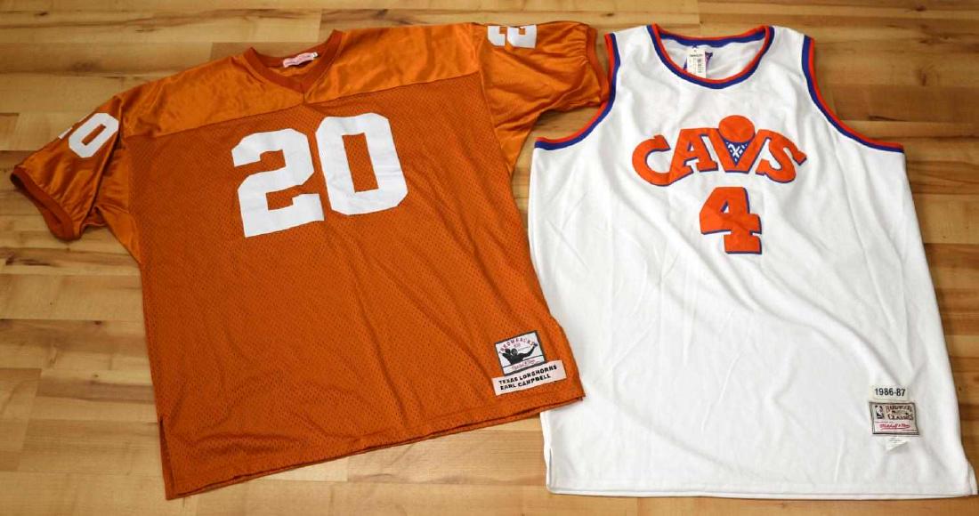 2 THRPW BACK PORTS JERSEY TEXAS LONGHORNS CAVALIER: Cavaliers Jersey still has $370.00 tag on it size 58, 1986-87 by Hardwood Classics, the Texas Longhorns is by Throw Backs Mitchell & Ness and does not have paper tags but appears new.