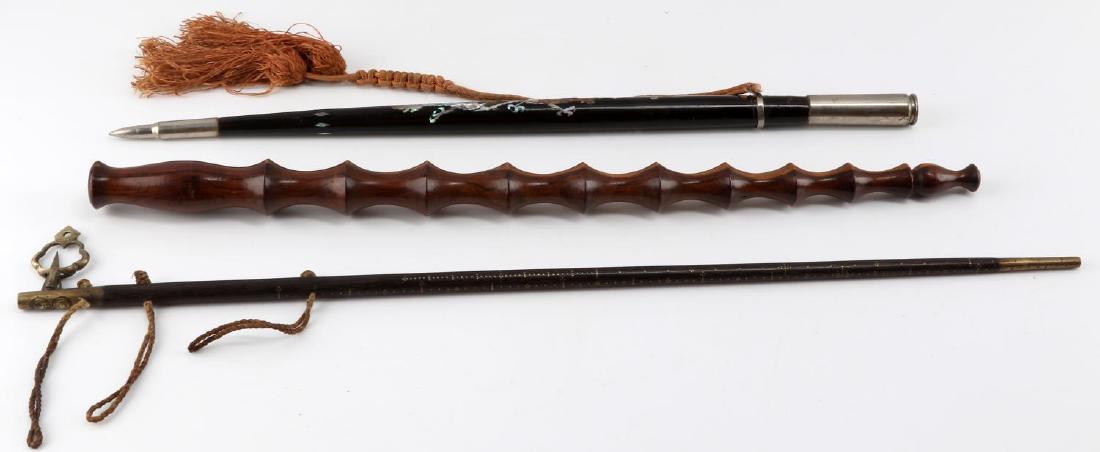 WWII KOREA SWAGGER STICK LOT OF 3: Includes 1 that seems to be a system stick in that it has a seemingly level and graduated nail inserts as if to measure it is very good and measures 24 inches, the second MOP inlay Korea with bullet h