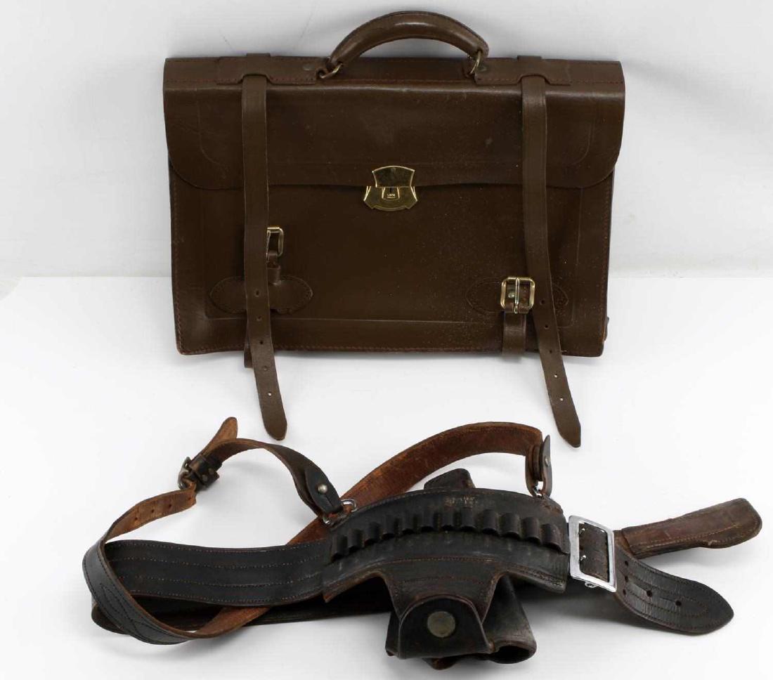 US MILITARY BRIEFCASE TYPE I & VINTAGE POLICE BELT: Brown leather briefcase is stamped to interior, by Seward Luggage Mfg Co., measures 17 X 14 inches. The police belt is stamped "41" to front, no maker's mark.