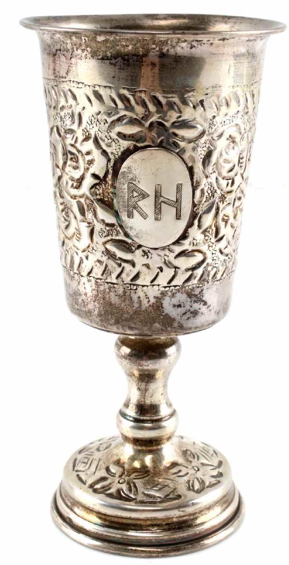 WWII GERMAN REINHARD HEYDRICH SILVER REPOUSSE CUP: This silver repousse cup is from the personal collection of Reinhard Heydrich and bares his "RH" monogram on its center front. Double Sig SS runes and the SD mark of the Sicherheitsdienst are also pre