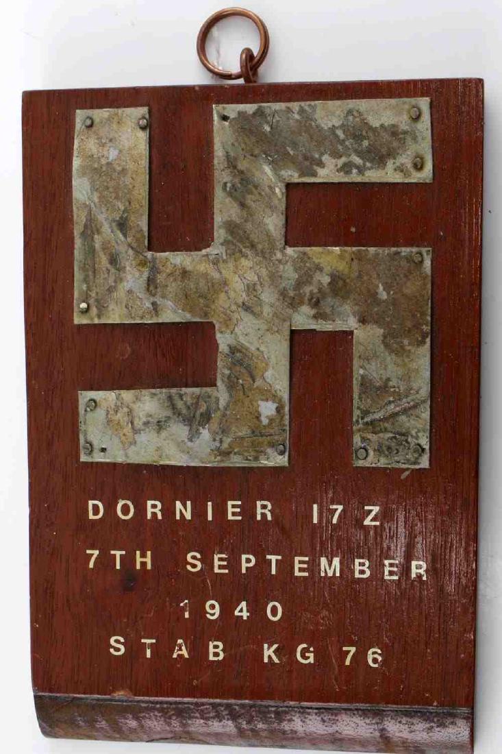 WWII DORNIER 17Z BATTLE OF BRITAIN CRASH ARTIFACT: German squadron STAB KG 76 participated in battle of Britain and were flying Dornier 17Z bombers. This is presumable a "Trench Art" part of a crashed german plane. MA44