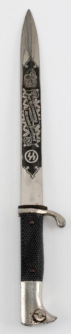 WWII GERMAN WAFFEN SS PANZER DRESS BAYONET: This is a nice SS Panzer dress bayonet with etched sig runes and "Zur Erinnerung an meine Dienstzeit." (In memory of my service time.) over an oak leaf pattern. An etched tank with totenkopf and a man