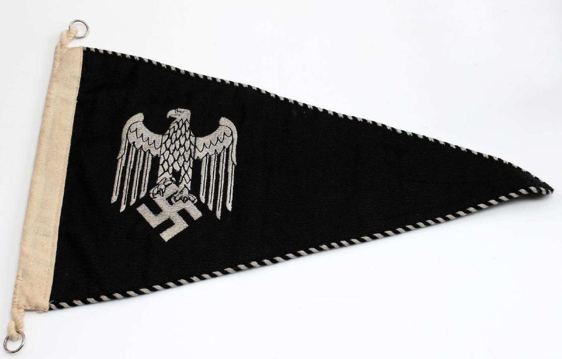 WWII GERMAN THIRD REICH ARMY EAGLE PENNANT FLAG: This is a folded wing Army eagle pennant with black and white twisted cord border and reinforcement panel at tip. It measures 14" in length and is double sided. Very good condition overall with some s