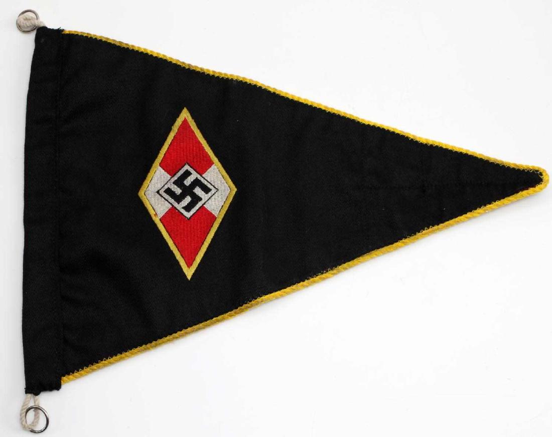 WWII GERMAN THIRD REICH HITLER YOUTH PENNANT FLAG: Double sided Hitler Youth pennant flag with yellow twisted cord border piping and reinforcement panel on tip. Measures 11.5" in length and is in very good condition with good color retention and only