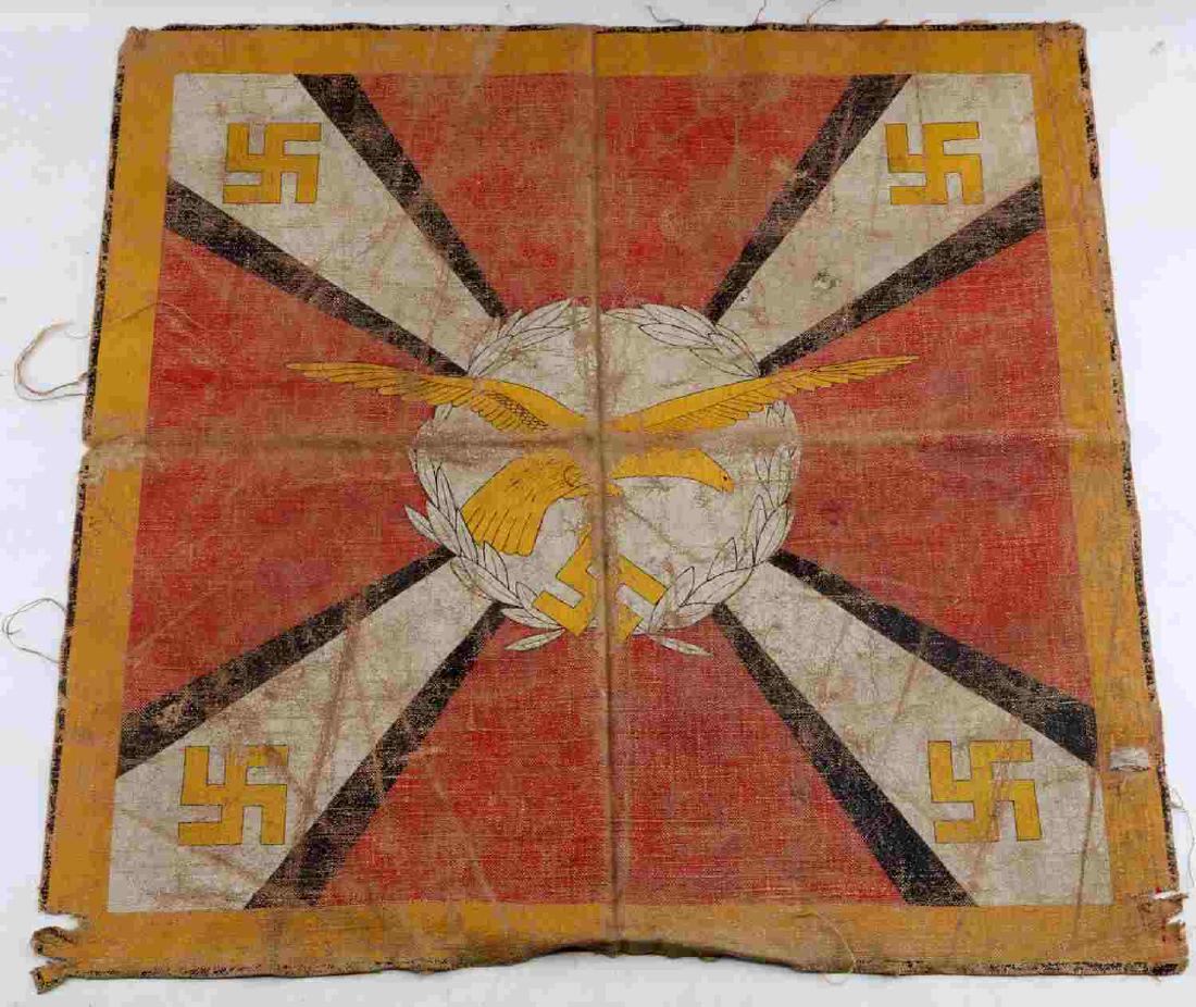 WWII GERMAN THIRD REICH LUFTWAFFE BANNER FLAG: Early Luftwaffe banner with Luftwaffe Reichsadler in oak leaves and swastika. Banner is made with paint on canvas. Fair condition; moderate paint loss and canvas wear is present. F117