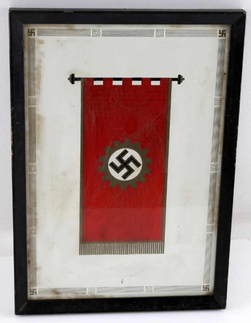 WWII GERMAN THIRD REICH ILLUMINATED DAF PAGE: Illuminated sheet which has a gold-trimmed red banner with the cogged Swastika emblem of the DAF in the center. Set in a frame which measures 8 1/2 x 12. In very good condition.